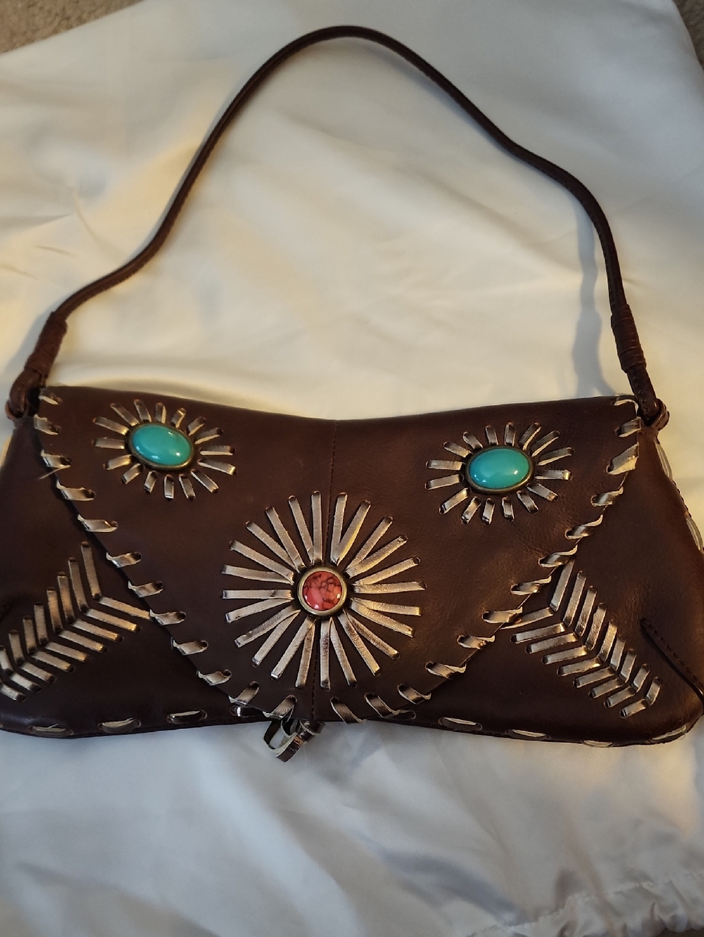 BCBGirls Brown Leather Shoulder Bag with Turquoise & Coral Accents